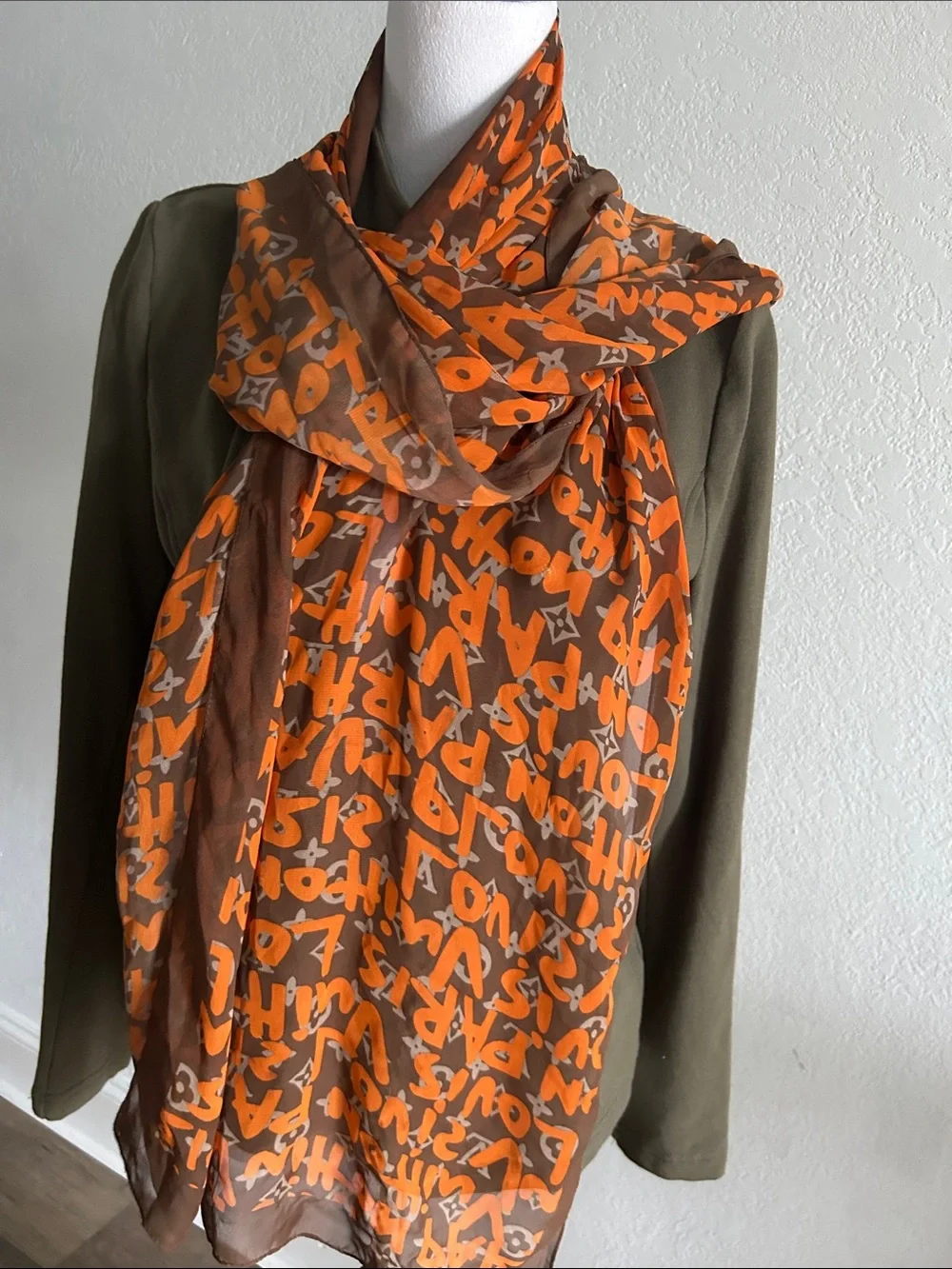 Orange and Brown Logo Script Silk Scarf